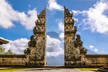 Heaven Gate of Lempuyang Temple with Gunung Batur background in Bali, Indonesia