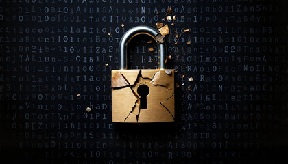 Shattered padlock over binary code, digital data breach concept