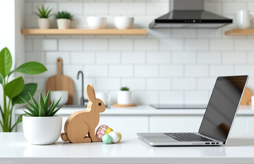 Modern Kitchen Interior Features White Tiles Background With Succulents And Easter Decorations Like Eggs, Rabbit On A Kitchen Counter Next To Laptop. 00002