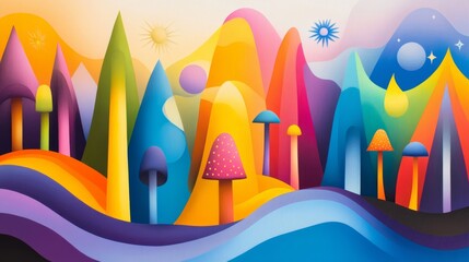 Obraz premium Colorful Abstract Landscape with Stylized Mountains and Mushrooms