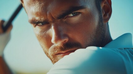 A dedicated male golfer focuses intently as he prepares to strike the ball. His expression reflects the seriousness of the moment under the clear blue sky, showcasing determination and skill