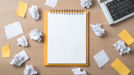 Blank Sketchbook Surrounded by Crumpled Papers and Sticky Notes