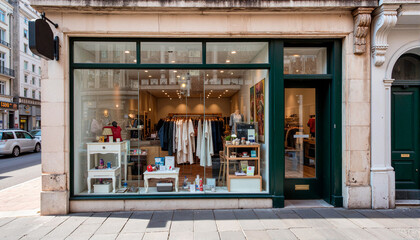 Quiet storefront display in urban setting, modern merchandising concept