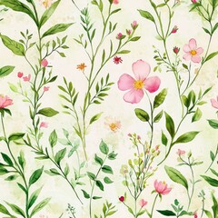 Floral Symphony: A seamless pattern of delicate pink flowers and lush green foliage creates a charming design. Evoking the freshness of springtime.