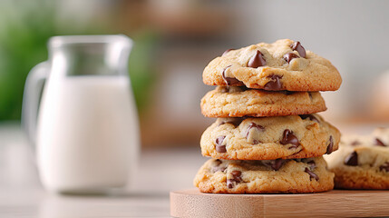 Freshly baked chocolate chip cookies stacked on wooden board next to glass of milk, creating cozy and inviting atmosphere