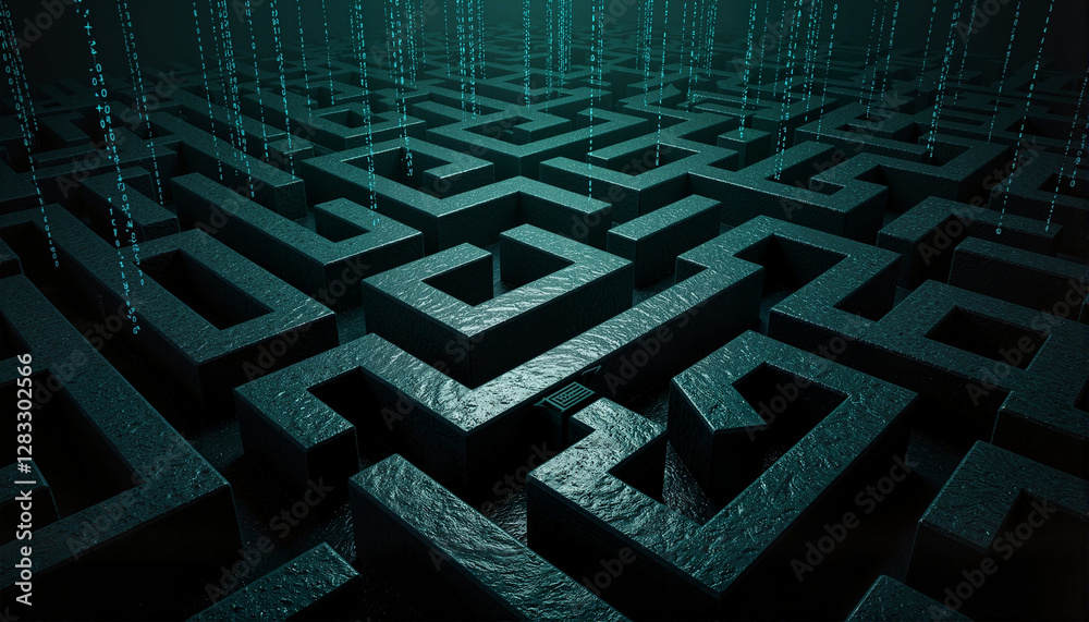 Wall mural futuristic maze of binary code with dark web atmosphere, digital journey
