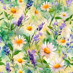 Floral field: A vibrant close-up captures the beauty of a wildflower field, showcasing a blend of daisies, lavender, and lush greenery, evoking a sense of peace and natural elegance.