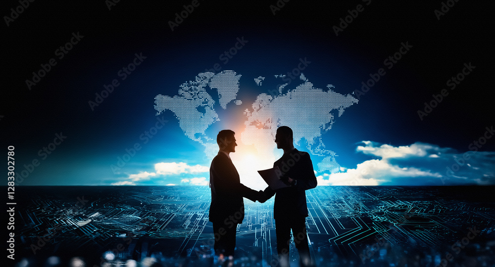 Aufkleber silhouetted figures shaking hands against a world map and circuit design backdrop, symbolizing globa