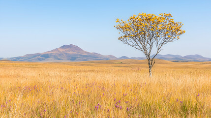 Fototapeta premium Lone tree in golden field, mountain backdrop