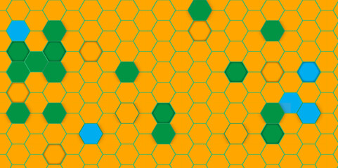 Abstract Honeycomb Pattern with Multicolored Tiles. Yellow Hexagonal Texture with Random Green and Blue Elements. Illustration. Vector. Hexagon. 