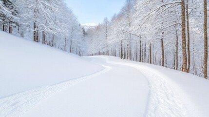 Obraz premium Winding snow path through winter forest, sunlight. Landscapes