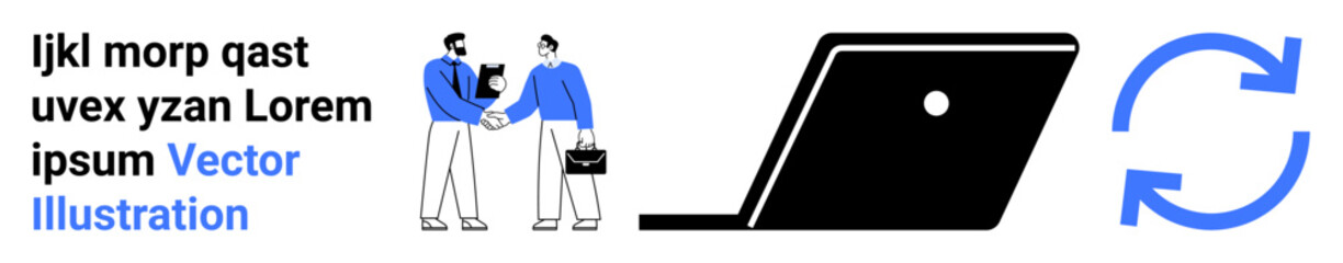 Two professionals shaking hands, modern laptop, and circular arrows symbol. Ideal for teamwork, partnerships, digital transformation, communication, workflow, innovation business strategy abstract