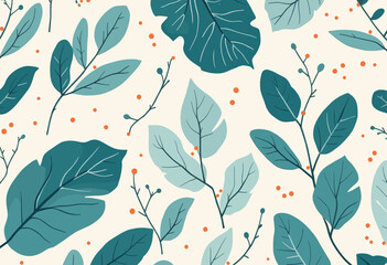 stylized leaves and branches in shades of green and blue, with orange dots scattered throughout the background.