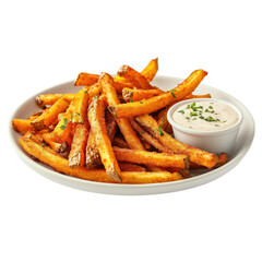 Crispy sweet potato fries served with a creamy dipping sauce. A delicious appetizer or side dish, perfect for sharing.