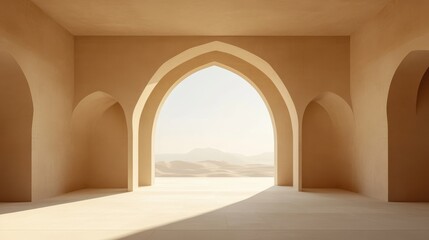 Naklejka premium Serene Desert View Through Archway in Minimalist Interior Design