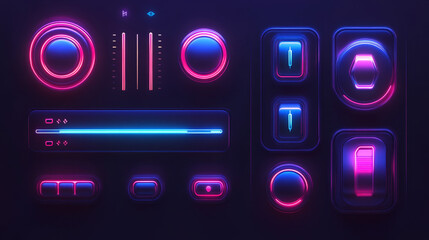 Obraz premium Control button with neon backlight. Media player interface, music or video bar, play, next, stop, pause signs. Ui navigation switchers on, off, volume, equalizers or slider, Realistic 3d vector set