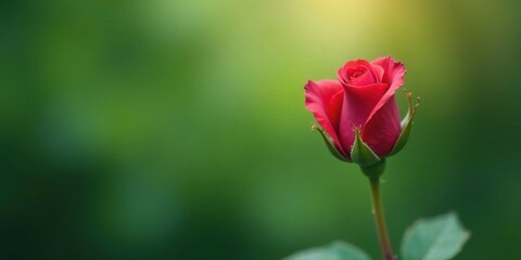 Obraz premium A Single Crimson Rosebud on a Soft Green Background, a Symbol of Love and Beauty