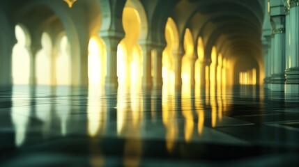 Serene Reflections in an Architectural Space with Golden Light