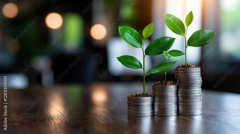 Poster young plants growing on stacks of coins symbolize investment growth and financial success. image con