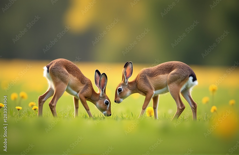 Fototapete Hares Grazing On A Meadow In Soft Focus With Bokeh Effect Adding Artistic Touch To Serene Landscape Scene. 00001