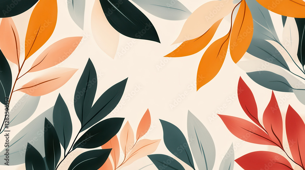Poster vibrant abstract design featuring asymmetrical botanical elements with colorful leaves in shades of 