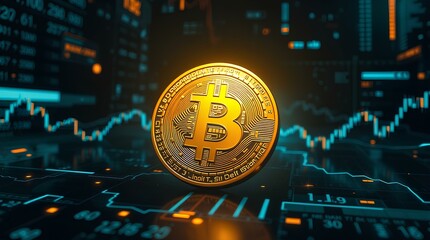 A futuristic sci-fi styled image of a golden bitcoin with stock market data overlay, high contrast, low-key lighting, deep shadows, dramatic effect, space elements, ultra-high definition