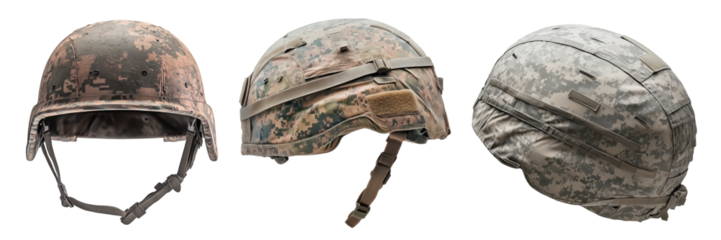 Set of military helmet with digital camouflage pattern isolated on a transparent background. Tactical combat headgear with adjustable chin strap for protection in battlefield operations.