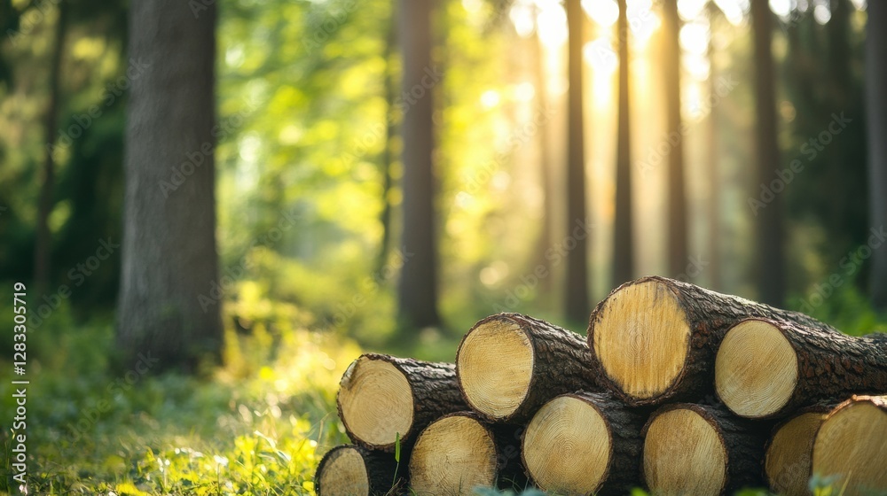Poster Stacked logs resting in a peaceful forest with sunlight filtering through the trees. Generative AI