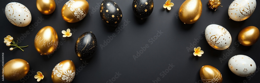 Poster golden, black, and white easter eggs are laid out on a black background with painted designs and emp