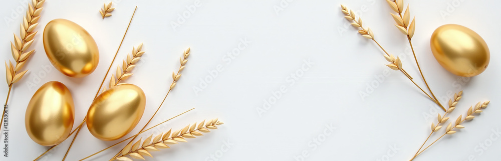 Poster golden eggs on a white background with dried flax and linum, creating a flat lay easter decoration s