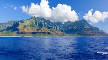 Fototapeta premium Lush Green Mountains and Blue Ocean Panorama