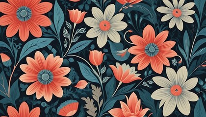 A floral patterned design featuring flowers and lush green leaves