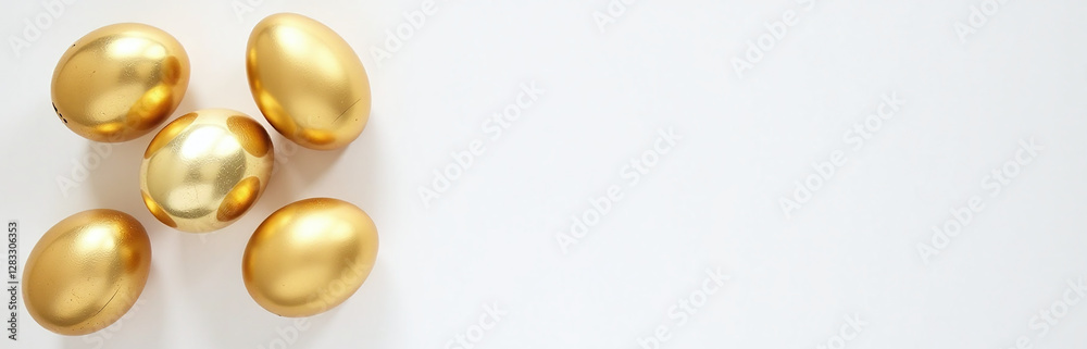 Poster golden easter eggs sit atop a blank white copy space background in an overhead perspective, awaiting