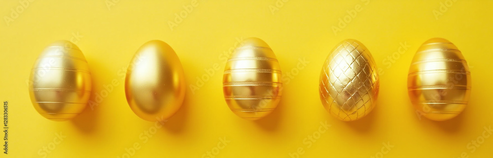 Poster golden easter eggs decorated in a simple yet elegant pattern against a bright yellow background in a