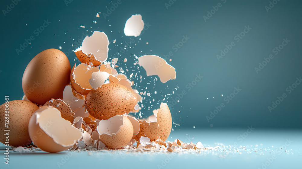 Poster pile of eggshell fragments with smooth curves and subtle shadows against blue background, creating dynamic and delicate composition