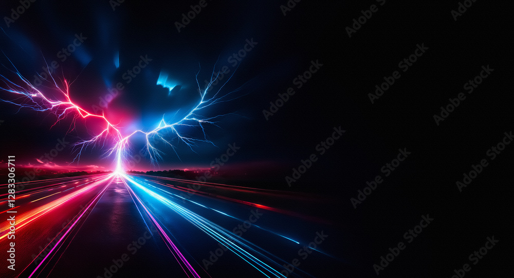 Poster abstract image of red and blue energy streams or lightning against a dark background. light streaks 