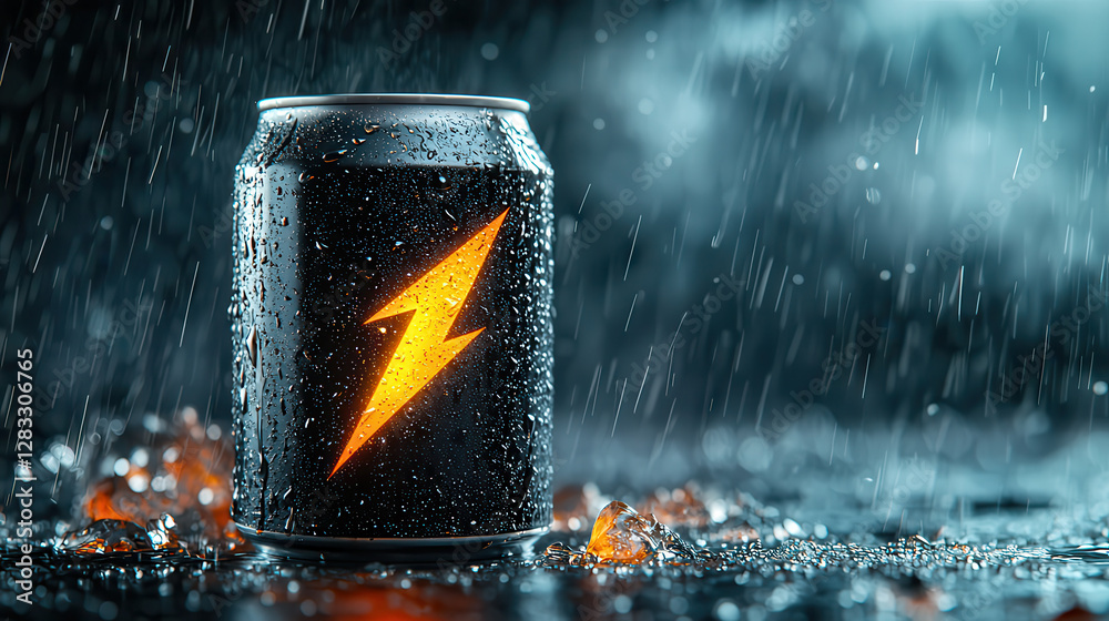 Poster sleek black energy drink can with glowing lightning bolt symbol stands amidst raindrops, creating dy
