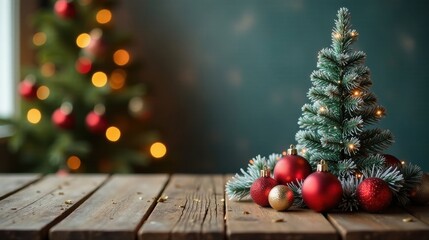 Festive Season Decor A Rustic Wooden Table Setting with Miniature Christmas Tree and Red Ornaments