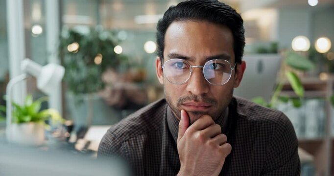 Laptop, thinking and business man planning, brainstorming and problem solving for stock market. Computer, reading and financial broker in office with idea for trading, investment opportunity and face