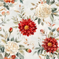 Botanical Watercolor Painting: Exquisite floral arrangement in a vintage watercolor style, featuring red and white dahlias, delicate leaves, and buds against a soft, textured backdrop.