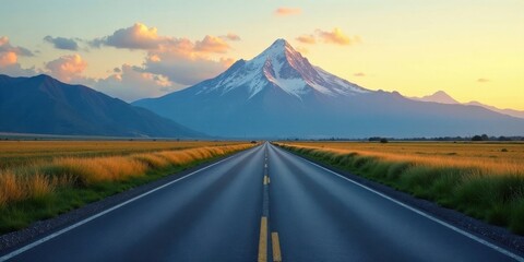 Fototapeta premium A scenic asphalt road leads toward a majestic snow-capped mountain at sunset, passing through a field of tall grass.