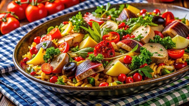 Tasteful Schottenmuster food photography:  Plaid patterns enhance delectable dishes, creating visually appealing culinary delights.