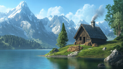 Fototapeta premium Wooden hut with mountain landscape across lake. Vector cartoon illustration of shabby house with chimney and firewood under roof, island with green grass and trees, blue sky. Travel game background