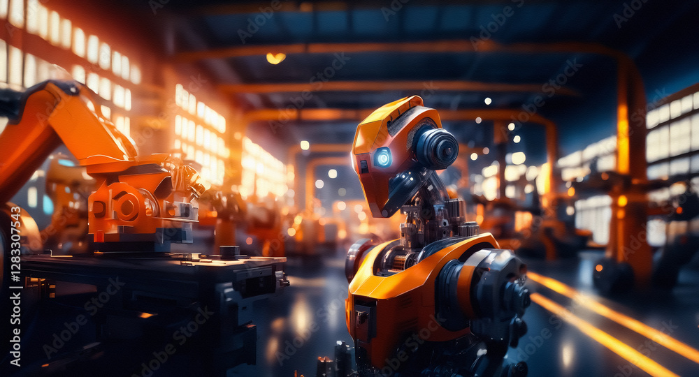 Aufkleber a futuristic orange robot stands in a brightly lit factory filled with automated machinery, suggesti