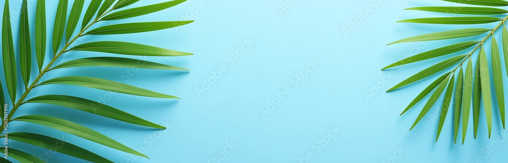 Poster elegant banner design featuring palm fronds on a serene blue background leaving ample space for text