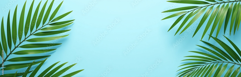 Poster elegant banner design featuring palm fronds on a serene blue background leaving ample space for text