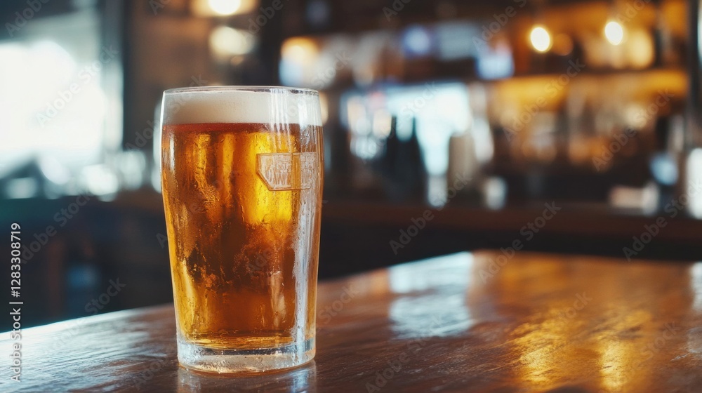 Poster refreshing cold beer served in a clear glass on a wooden table in a cozy bar with warm lighting. gen