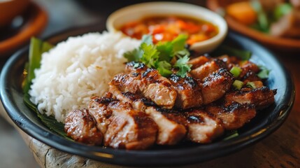 Fototapeta premium Grilled Pork And Rice With Spicy Sauce. Asian Cuisine On A Plate. Food Photography.