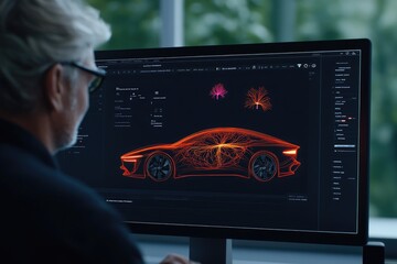Designer Analyzing Futuristic Electric Car Design with Graphics