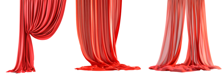 Set of classic red curtains with elegant drapery and decorative roses isolated on a transparent background. Luxurious fabric swag for interior decoration.